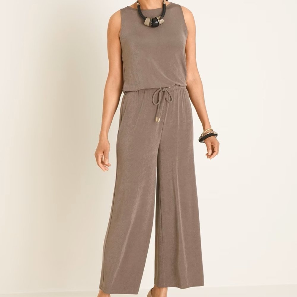 Chico's Taupe Sleeveless Wide-Leg Drawstring Jumpsuit